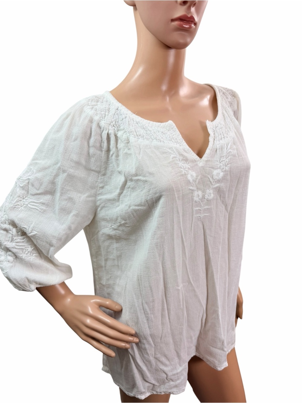 Talbots Women’s Size Large 3/4 Sleeve V Embroidery At Neck White Blouse - Picture 5 of 7